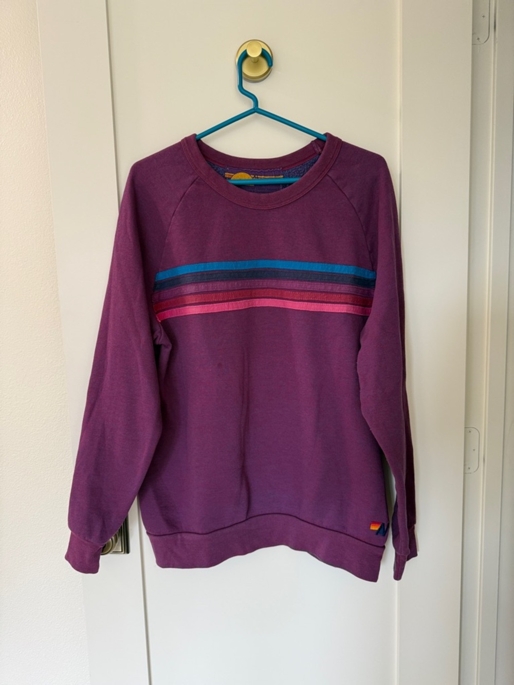 Aviator Nation Purple Crewneck Sweatshirt with Multi-Stripe Chest